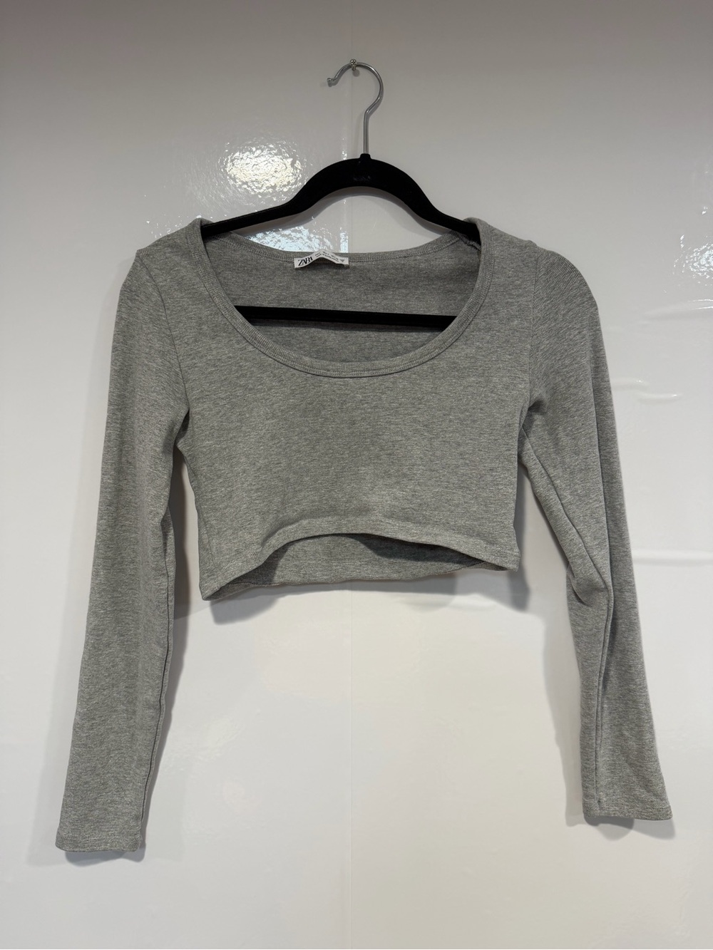 Zara Heather Gray Knit Long-Sleeve Crop Top